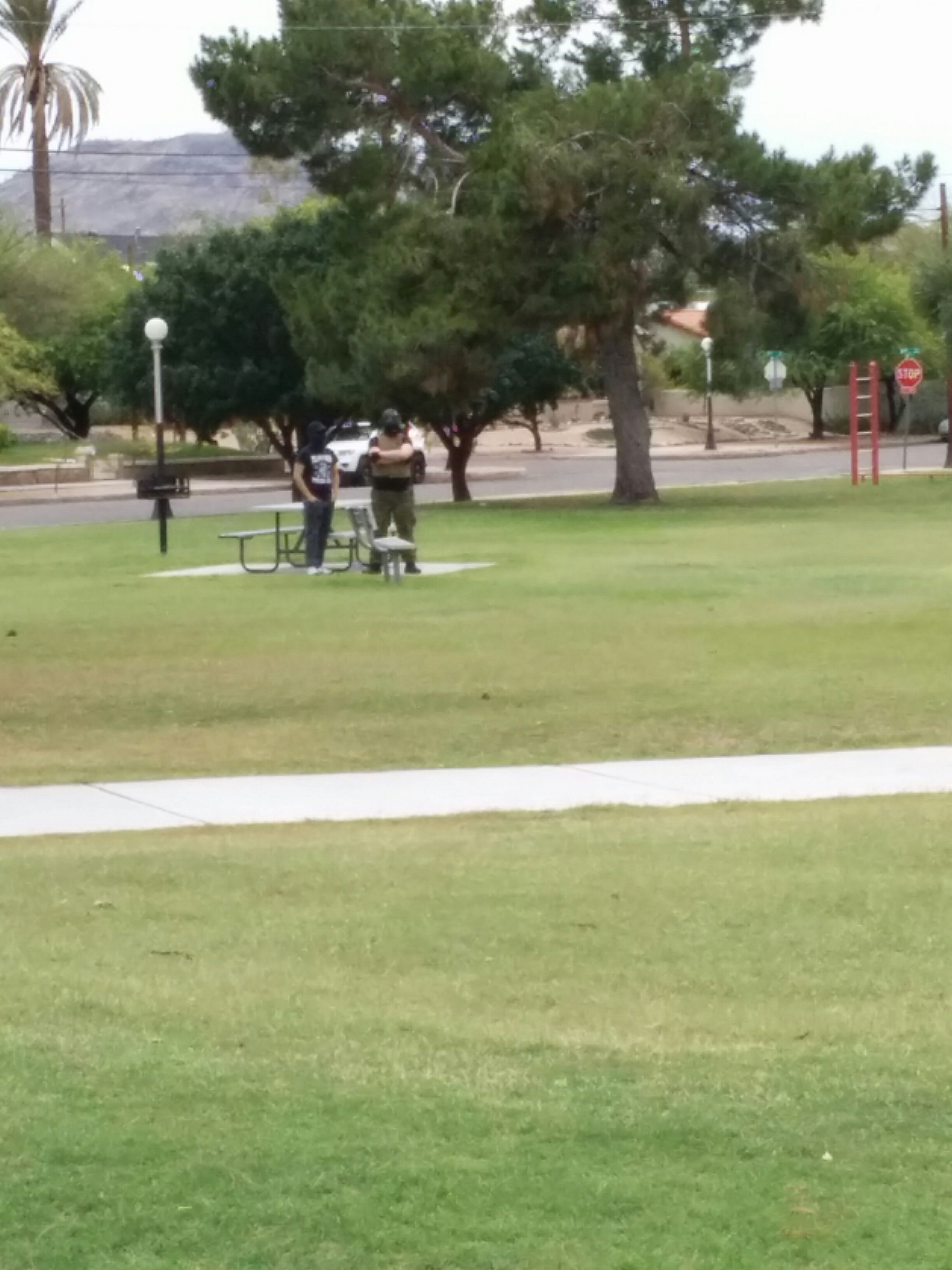 Two Nazis in Catalina park from a distance.  One wears camo pants, a flak jacket and a gask mask.  The other wears grey pants, a White supremacist t-shirt and sunglasses.